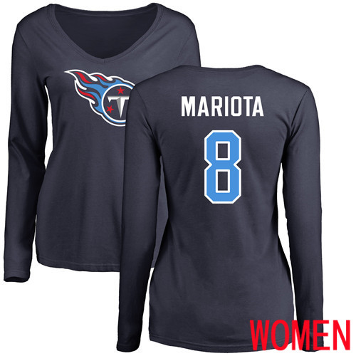 Tennessee Titans Navy Blue Women Marcus Mariota Name and Number Logo NFL Football #8 Long Sleeve T Shirt->women nfl jersey->Women Jersey